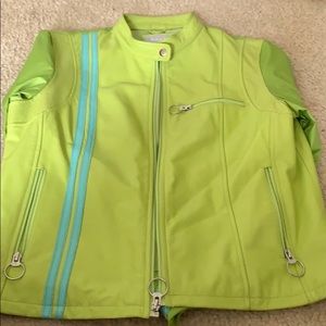 Green and blue leather jacket